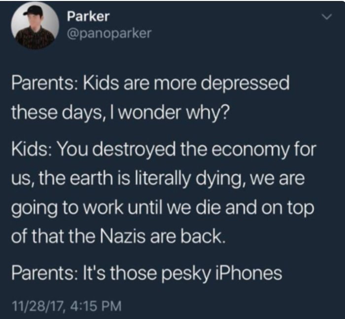 En skärmdump av ett Twitter-inlägg där en dialog om ungas depression och ekonomi framställs i text.