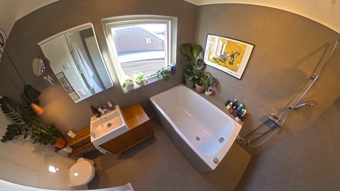Nyligen renoverat badrum med fristående badkar, dusch, spegelskåp, fönster med växter och tavla.