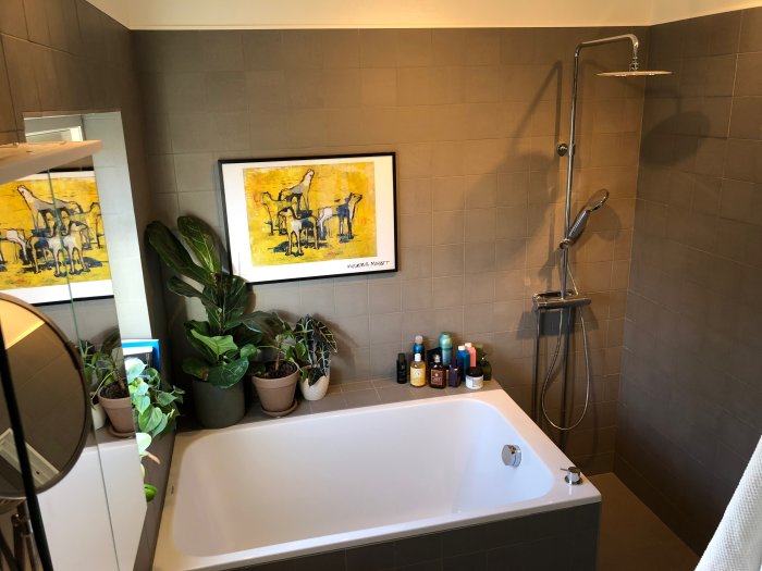 Nyligen renoverat badrum med badkar, duschen på väggen, konst på vägg och växter vid sidan.