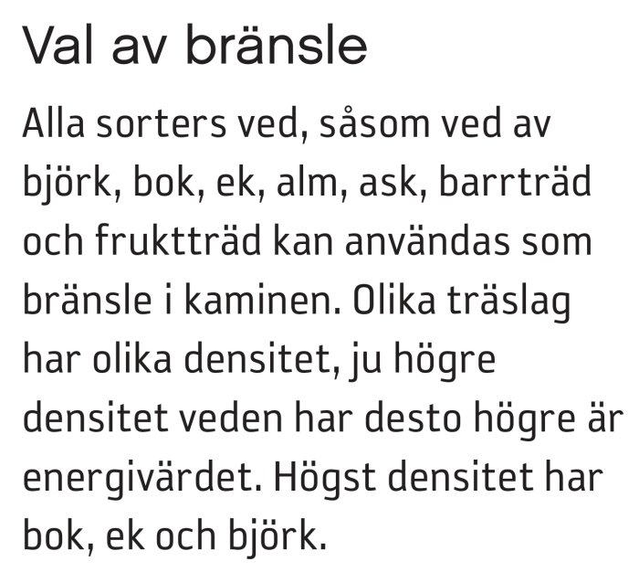 Textdokument med eldningsinstruktioner för kamin, diskuterar val av bränsle som ved av björk, bok och ek.