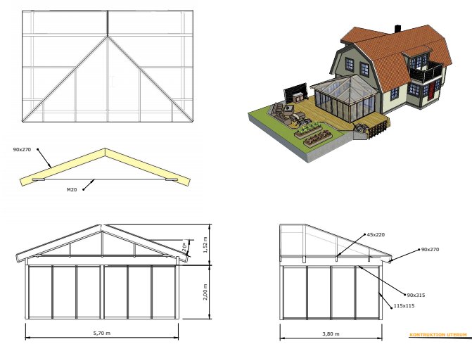 Arkitektoniska ritningar och en 3D-modell av ett hus med mått och konstruktionsdetaljer.