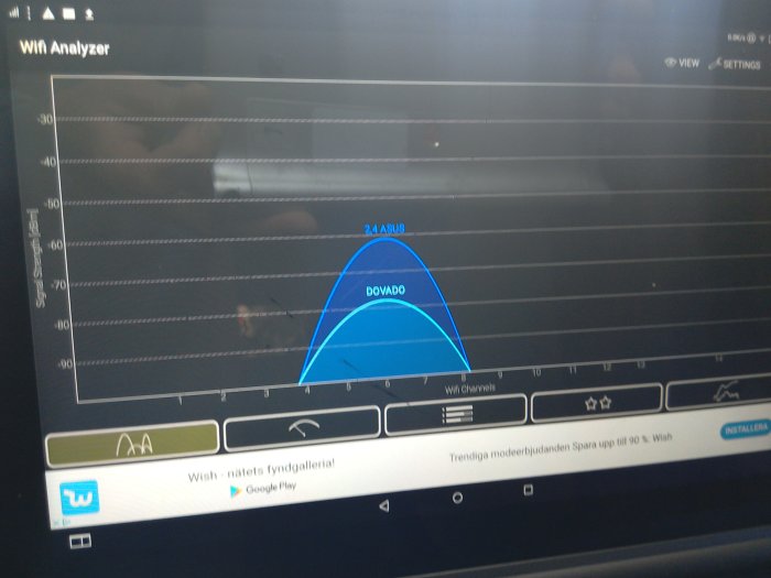 Läsplatta visar WiFi Analyzer-app med graf som pekar ut signalstyrkan för olika Wi-Fi-kanaler.