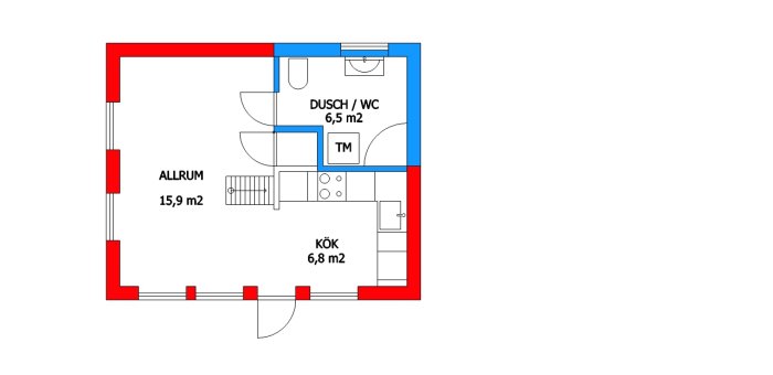 Ritning över fritidshus med markerade områden för isolering och diffspärr (röd) och badrumstätskikt (blå).
