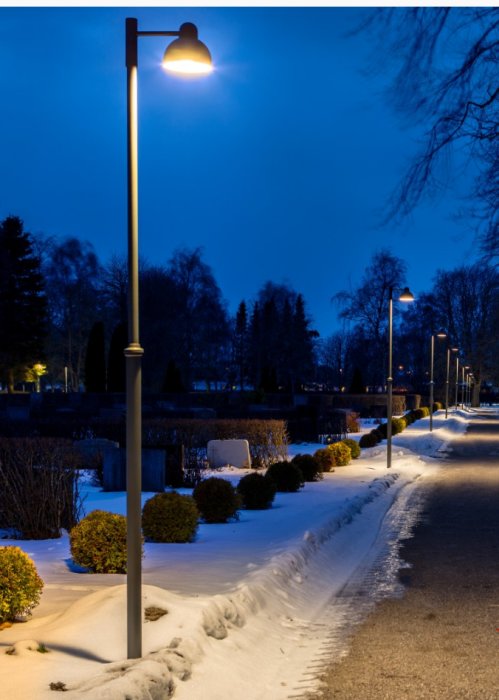 Gatuarmatur med upplyst lampskärm på en stolpe i en snötäckt parkmiljö under skymningen.