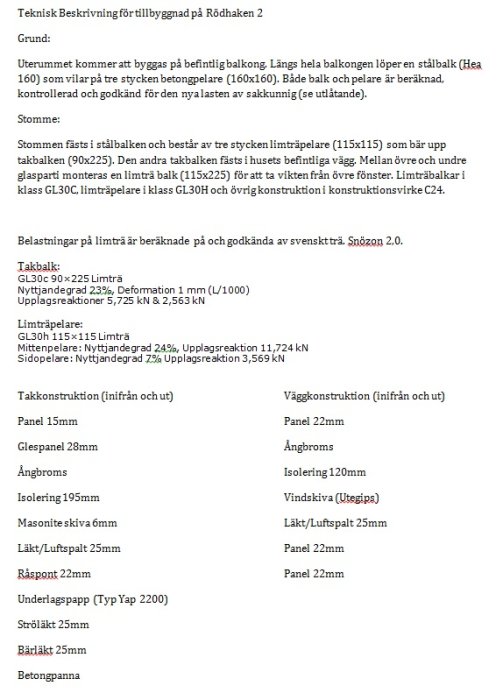 Dokument med teknisk beskrivning för byggande av uterum med detaljerad information om material och mått.