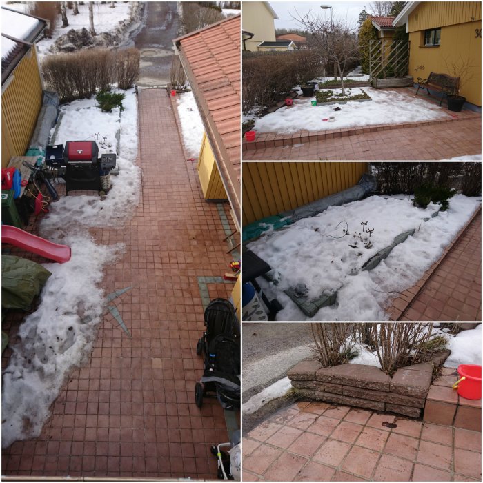 Bildkollage som visar ett husområde med trottoarplattor och snötäckta rabatter i olika vinklar, inklusive trappsteg av murblock.