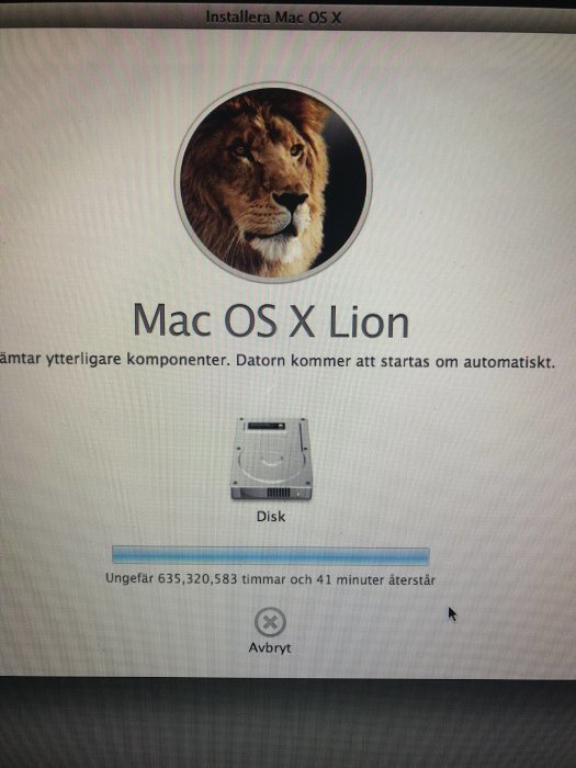 Skärmdump av Mac OS X Lion installationsprocess med extrem lång återstående tid.