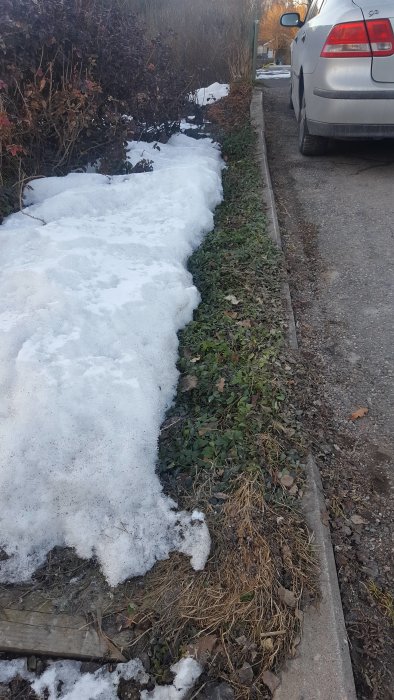 Rabatt med nivåskillnad vid trottoar med delvis smältande snö och en bil parkerad intill.