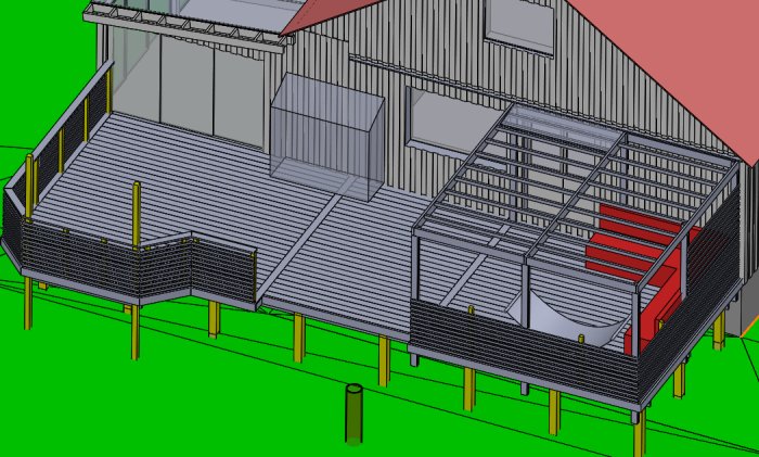 3D-ritning av ett altanbygge med pergola, trappa och frisbrädor i anslutning till ett hus.