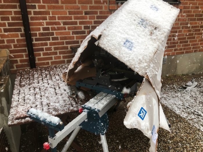 En sågstation utomhus täckt med snö, kartong används som regnskydd över en kap- och gersåg.