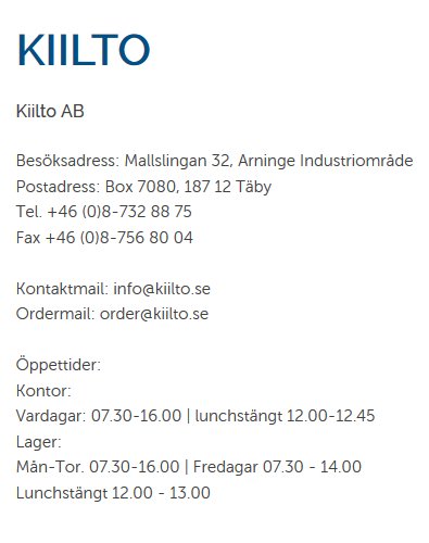 Kontaktinformation för Kiilto AB med adress, telefonnummer, fax, e-post och öppettider för kontor och lager.