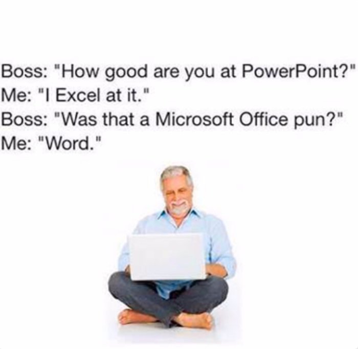 Man med laptop sitter på golvet, ovanför textdialog om Microsoft Office-program med ordlekar.