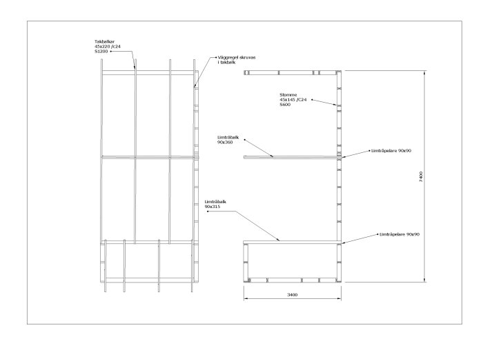 Arkitektonisk linjeteckning som visar en ritning över en byggnads takstolar och stomme med måttangivelser.