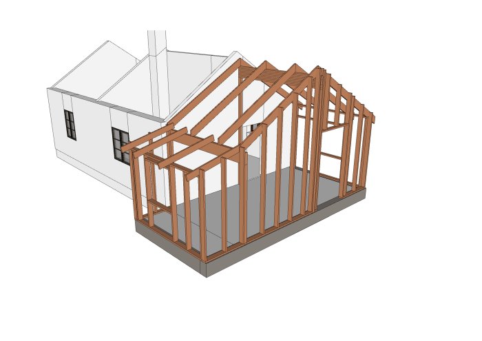 3D-ritning av en tillbyggnads stomme med takstolar intill ett vitmålat timmerhus.