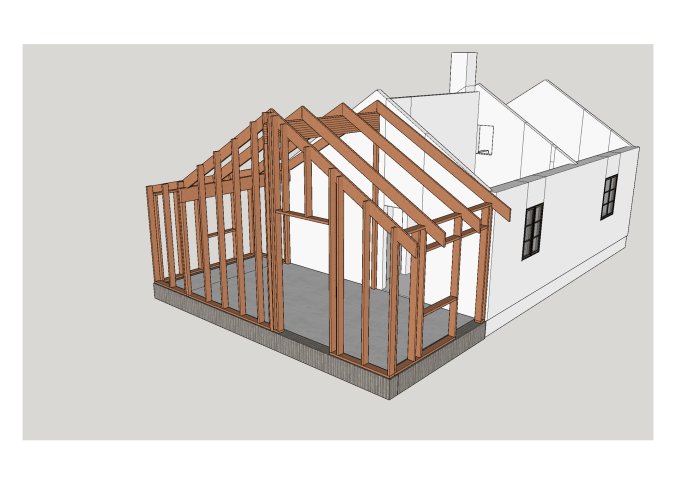 3D-modell av en husutbyggnad med trästomme, delvis integrerad med äldre timmerhus.