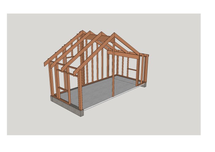 3D-ritning av en stomme till en tillbyggnad med takstolar och väggstolpar på en gjuten platta.