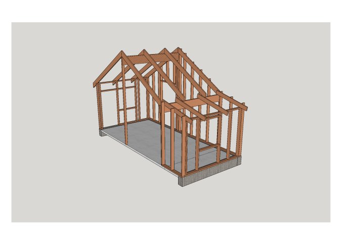 3D-ritning av en tillbyggnad med takstolar och regelväggar på en gjuten platta, avsedd för renovering.