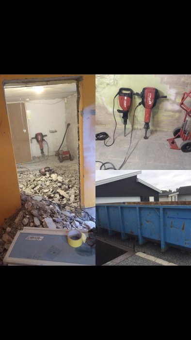 Renovering i process med riven mellanvägg, bilningsmaskiner i arbete och container fylld med byggavfall.