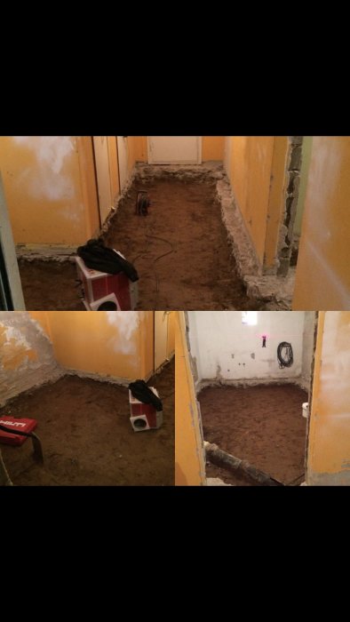 Två bilder av en källarrenovering, övre visar grävt golv och vägg som rivs, nedre med removed golv och armering.