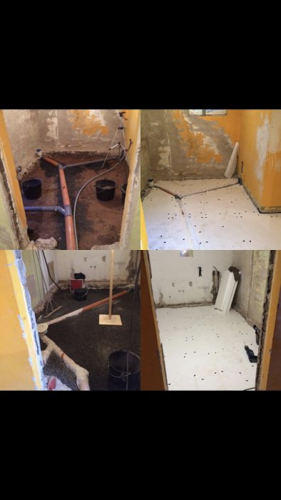 Faserna i renoveringen av ett källarbadrum: rivning, avloppsarbete, installation av golvvärme och isolering.