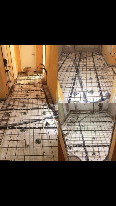 Renovering av badrum med golvvärme, ny armering, och rörinstallationer före gjutning.