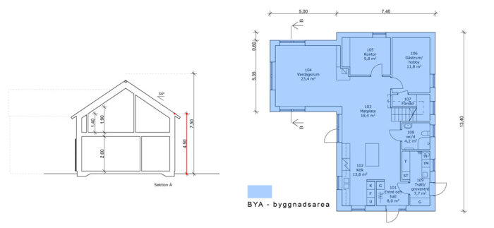 Arkitektritning av 2-plans hus med sektion och planlösning, inga källare, väggliv på ca 90 cm.