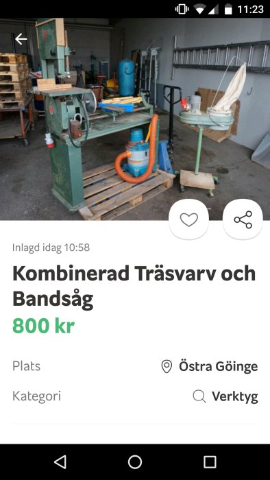 En kombinerad träsvärv och bandsåg monterad i en verkstad med tillbehör och verktyg i bakgrunden.