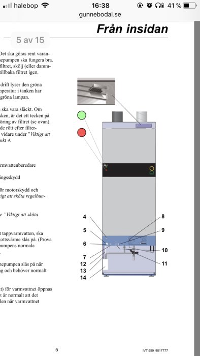 Skärmklipp av IVT 550 värmepump manual med beskrivning och bild på enhetens insida.