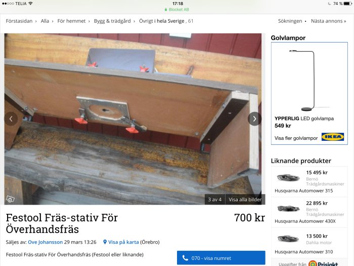 Hemmagjort träfrässtativ med Festool märkning monterat på en arbetsbänk.