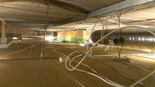 Oorganiserade kablar och ledningar ligger lösa på golvet under en byggnadsstomme.