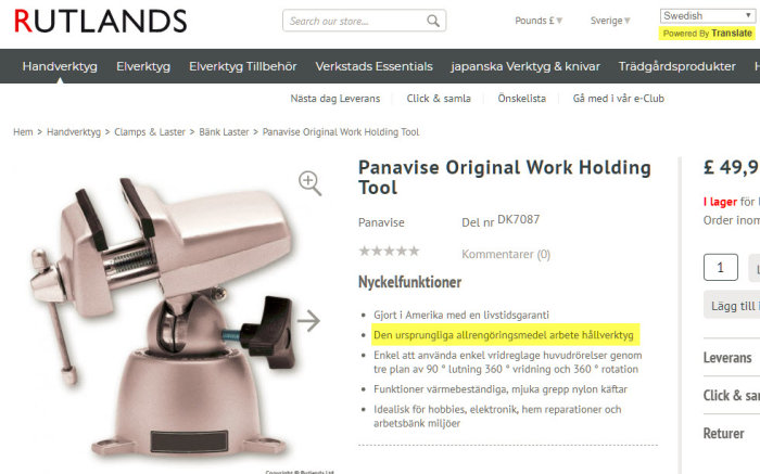 Skärmdump av Rutlands webshop visar Panavise arbetsstyckehållare och Google Translate-funktion.