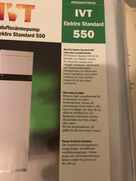 Produktblad med information om IVT Elektro Standard 550 luftvärmepump, med fokus på energieffektivitet och miljö.