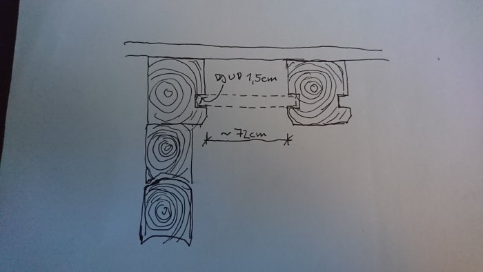 Handritad skiss som visar hur en träplanka passar mellan takbjälkar med måttangivelser.