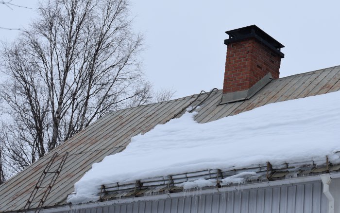 Slitet tak med gammal färg och snötäcke nära smältning, med skorsten i bakgrunden.