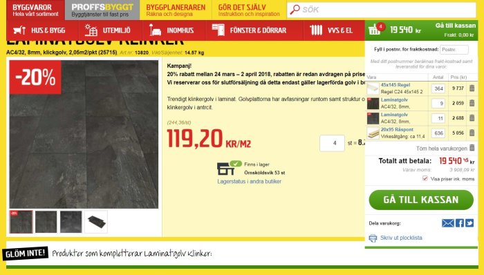 Skärmdump från en byggvaruhandel online som visar laminatgolv och en inköpslista med priser och material.
