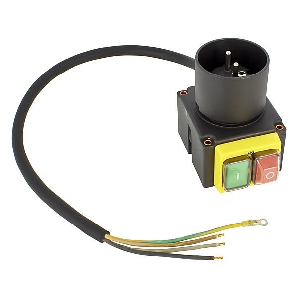 Strömbrytare med sladd, grön startknapp och röd stoppknapp för vedkap, isolerat på vit bakgrund.