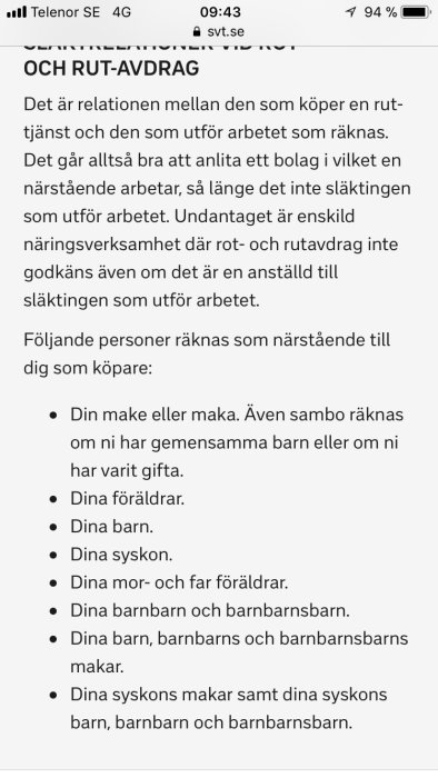 Skärmdump med text om ROT- och RUT-avdrag som beskriver relationer som räknas som närstående.