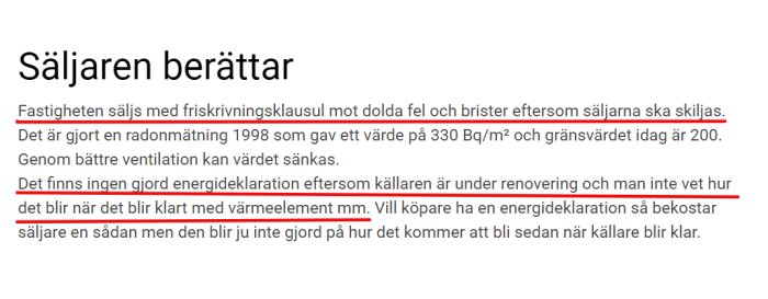 Skärmdump av en text där säljaren beskriver en fastighet med friskrivningsklausul och nämner radonmätning och energideklaration.