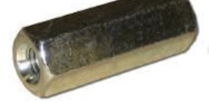 Metallisk skarvhylsa för gängstång med invändig gängning.