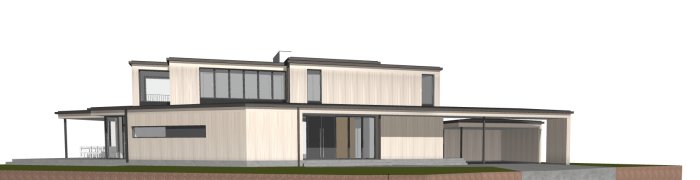 Arkitektritning av ett modernt hus med garage förbundet med en båge, bred singeldörr och fasadändringar.