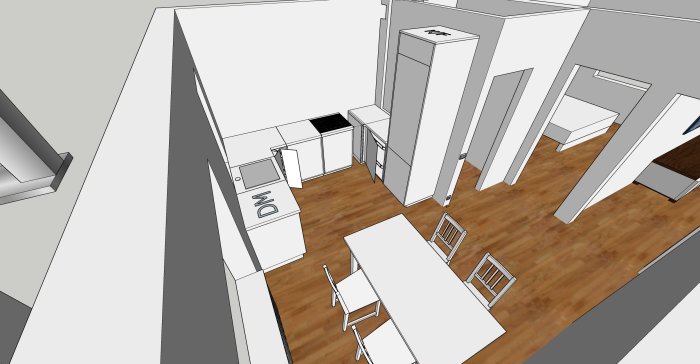 Datorskisserat förslag på ett U-format kök med bord, stolar och vitvaror.