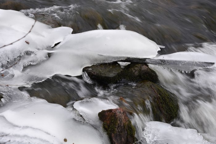Rinnande vatten i bäck med isformationer och mossbeklädda stenar.