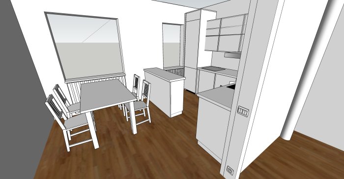 3D-skiss av ett kök med öppen diskmaskin som blockar gångvägen, matbord och köksinredning.