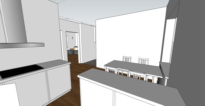 3D-simulering av kök med öppen diskmaskin som blockerar gångväg och reducerar bänkyta.