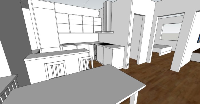 3D-skitse af køkkenlayout med åbne skabe og diskmaskine, potentiel pladsproblem ved åben DM.