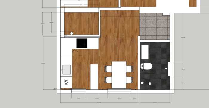 Kökslayout med märkta mått och placering av vitvaror som diskmaskin och kyl/frys, diskuterande kompromisser i utformningen.