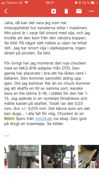 Skärmbild av ett diskussionsforum om verktyg med fokus på en chuck monterad på en maskin.