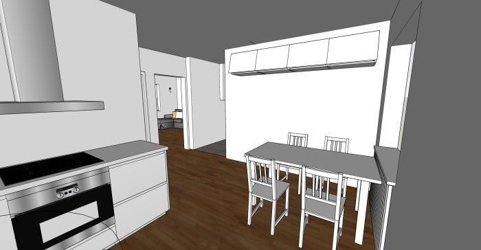 3D-rendering av ett kompakt kökslayout med spis, överskåp och matbord.