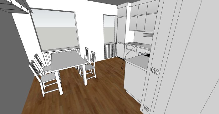 3D-skiss av ett kompakt kökslayout med överskåp, bänkar och matbord.