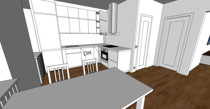 3D-skiss av ett kompakt kök med överskåp, diskmaskin och integrerad spishäll, bord och stolar.